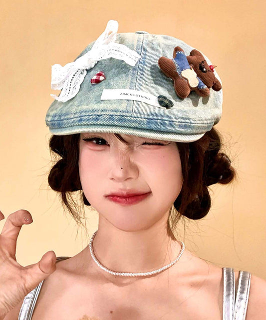 Cute Light Blue Bow Cartoon Bear Cowboy Beret Hat