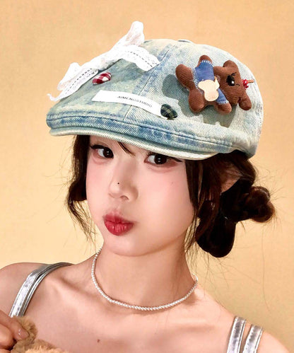 Cute Light Blue Bow Cartoon Bear Cowboy Beret Hat