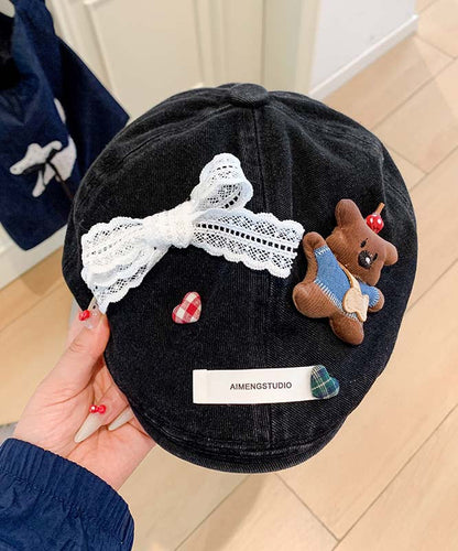 Cute Light Blue Bow Cartoon Bear Cowboy Beret Hat
