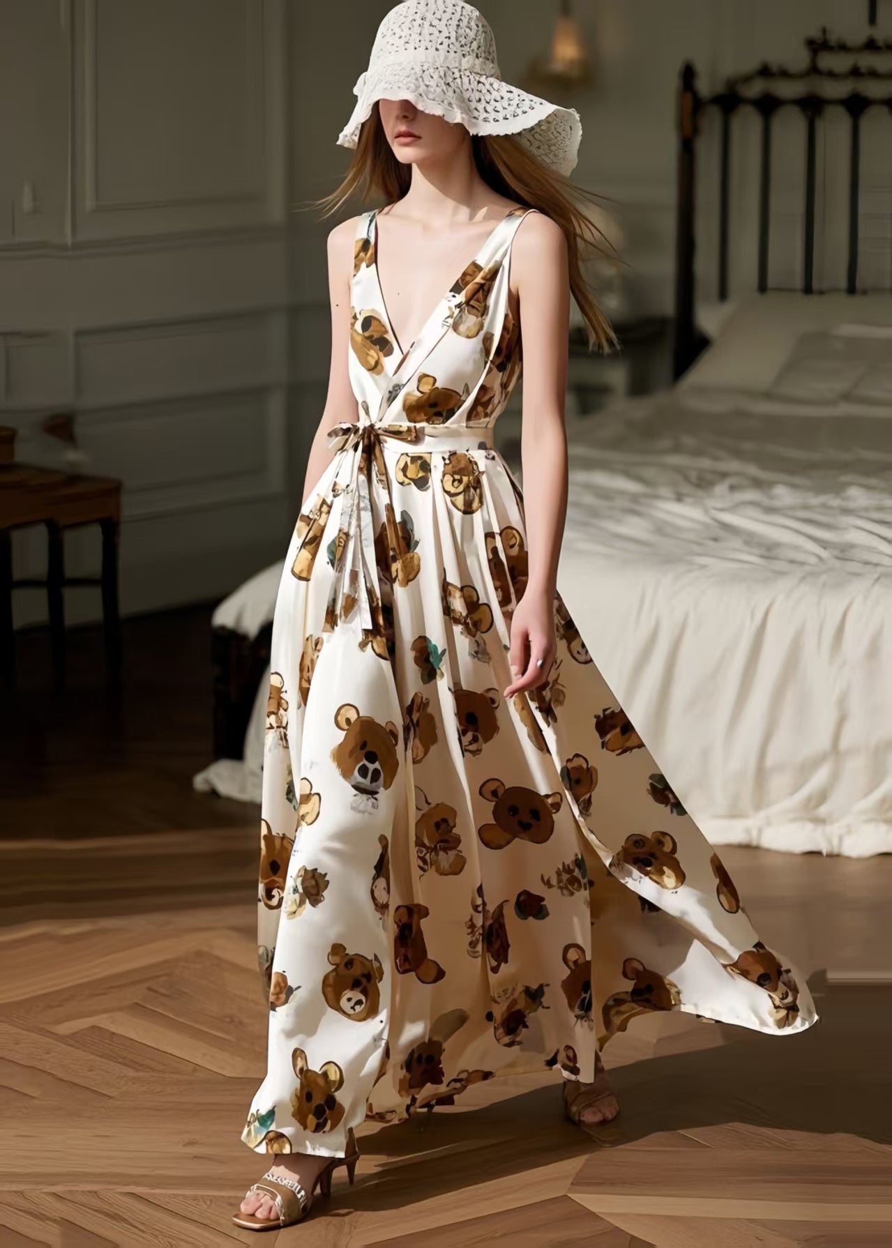 Cute Litter Bear Print Exra Large Hem Cami Dress Summer