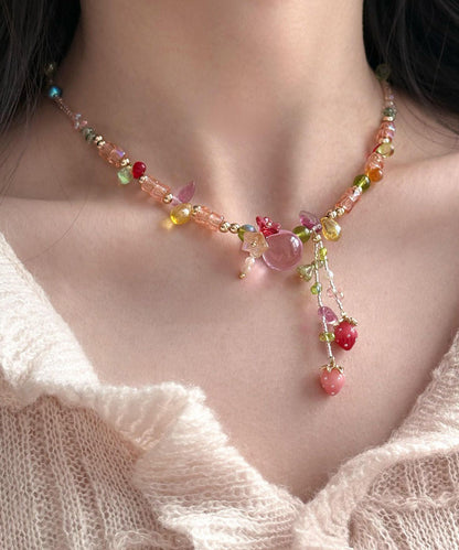 Cute Multicolor Alloy Little Strawberry Asymmetrical Beading Tassel Pendant Necklace