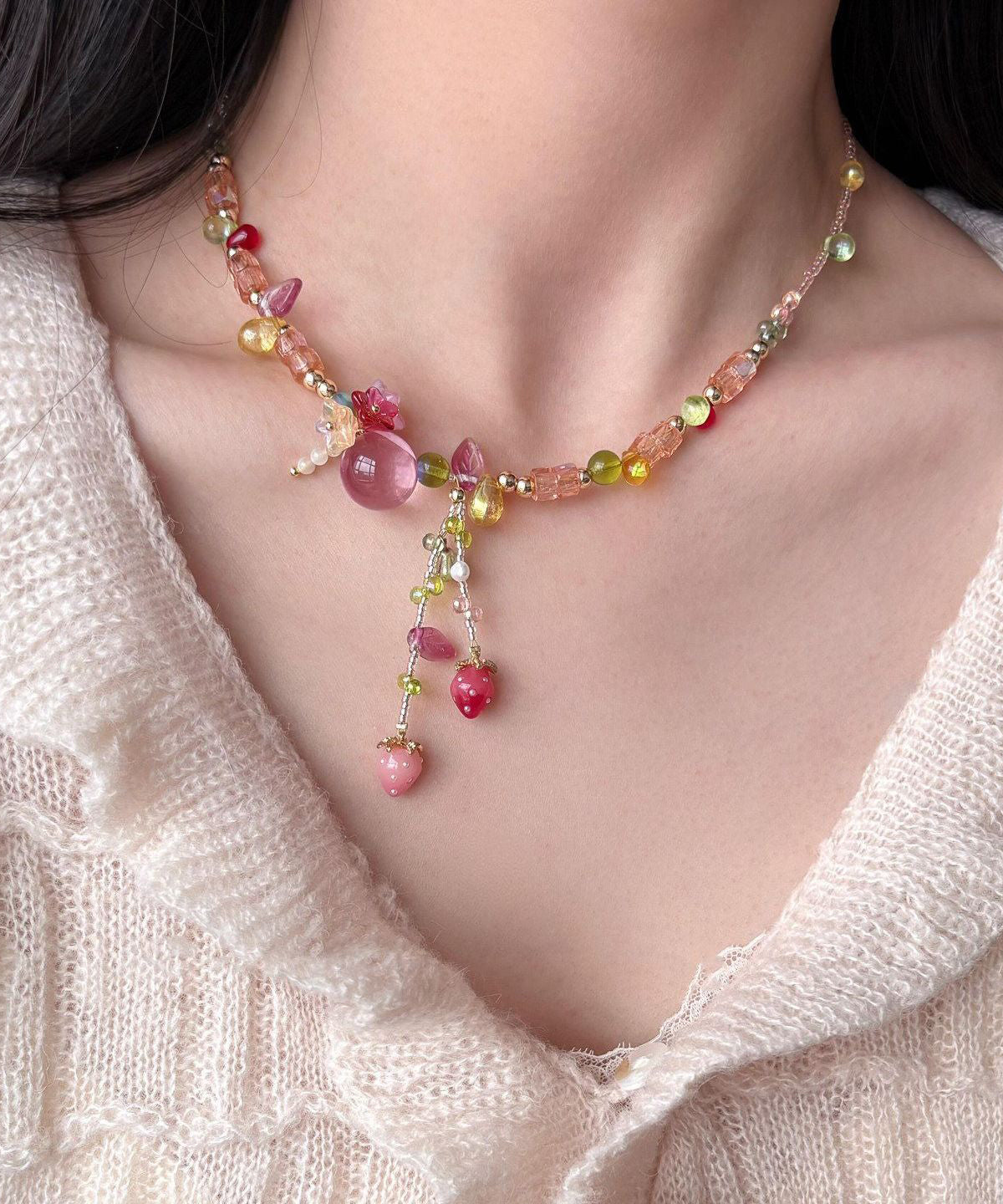 Cute Multicolor Alloy Little Strawberry Asymmetrical Beading Tassel Pendant Necklace