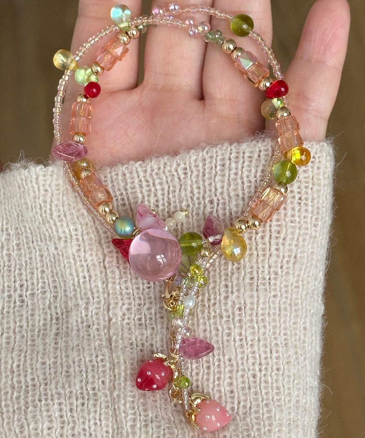 Cute Multicolor Alloy Little Strawberry Asymmetrical Beading Tassel Pendant Necklace