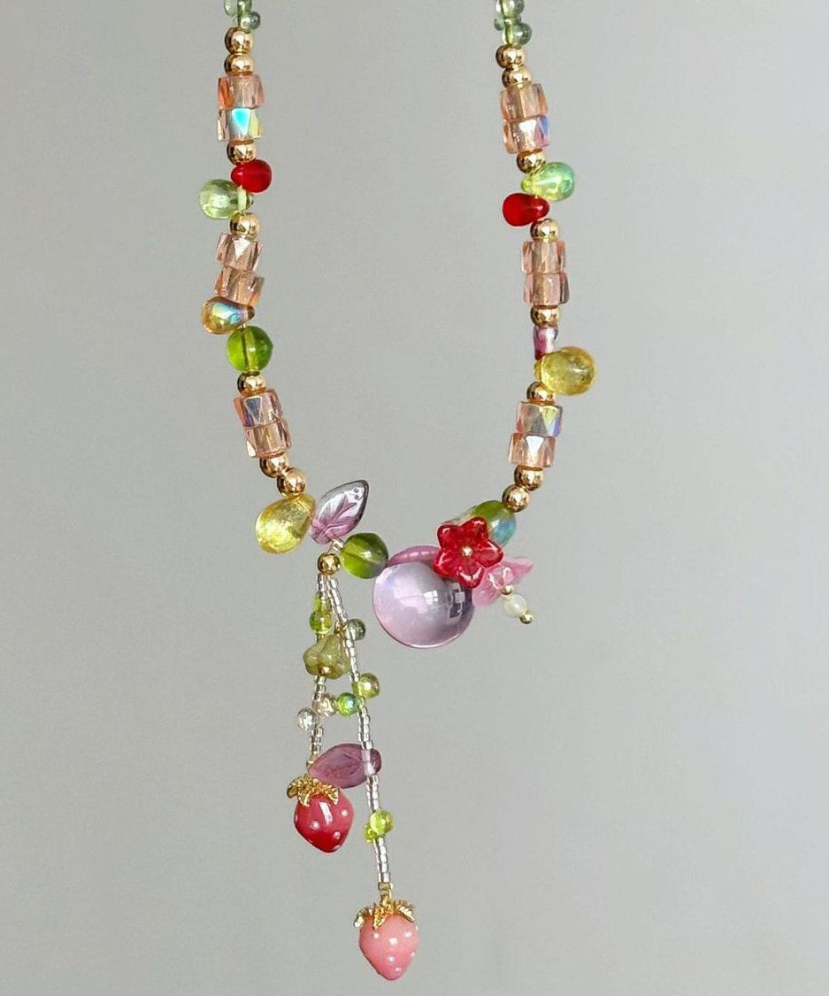Cute Multicolor Alloy Little Strawberry Asymmetrical Beading Tassel Pendant Necklace
