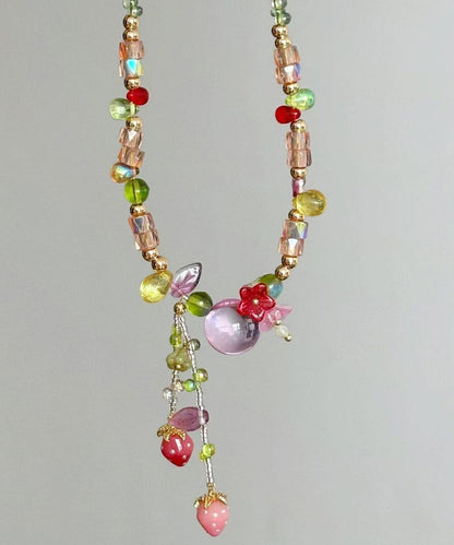 Cute Multicolor Alloy Little Strawberry Asymmetrical Beading Tassel Pendant Necklace