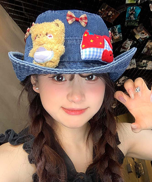 Cute Navy Butter Teddy Bear Bow Cowboy Bucket Hat