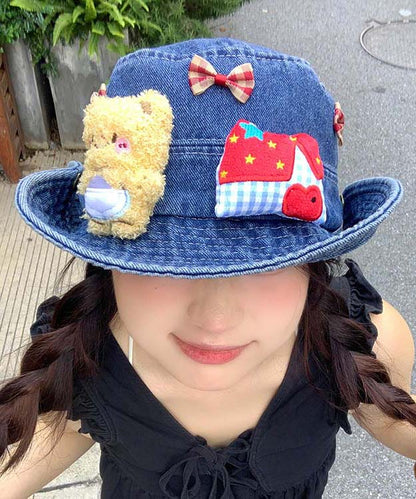 Cute Navy Butter Teddy Bear Bow Cowboy Bucket Hat
