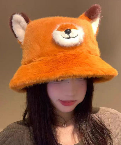 Niedlicher, orangefarbener, kuscheliger, warmer, flauschiger Fell-Bucket-Hut