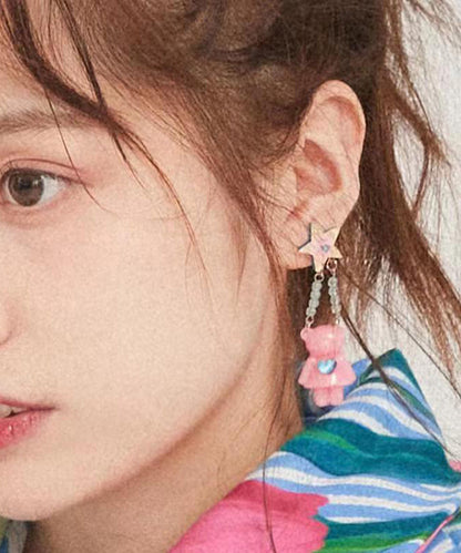 Lindos pendientes colgantes de resina con forma de osito de peluche, de aleación acrílica rosa y circonitas.