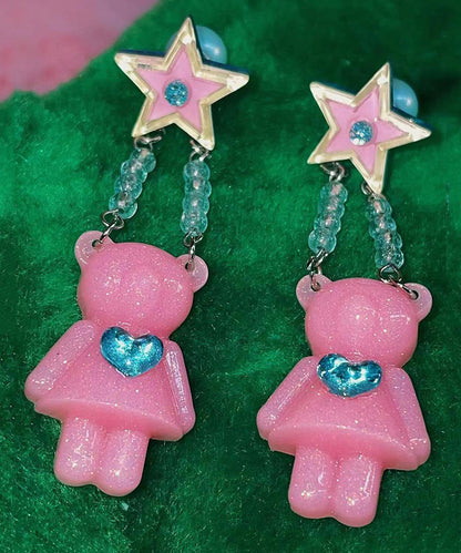 Lindos pendientes colgantes de resina con forma de osito de peluche, de aleación acrílica rosa y circonitas.