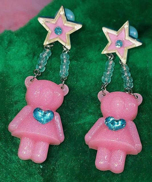 Lindos pendientes colgantes de resina con forma de osito de peluche, de aleación acrílica rosa y circonitas.