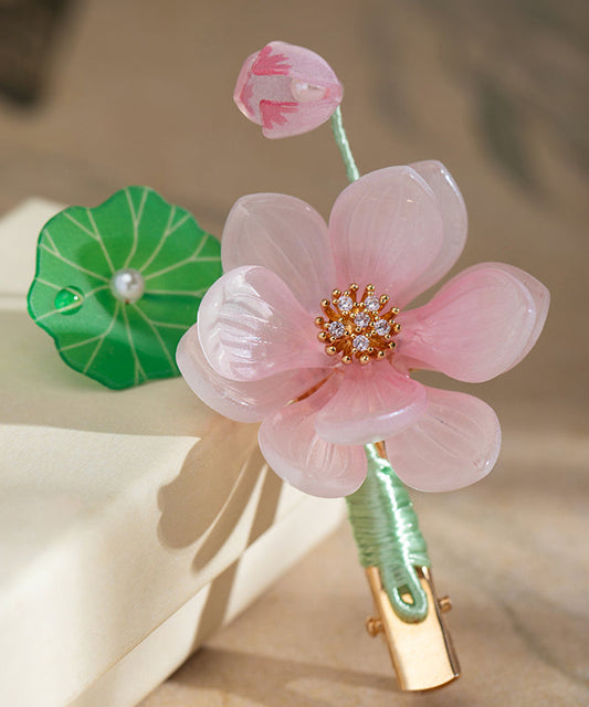 Bonita horquilla con borla de loto y perlas de esmalte de colores de gasa de aleación rosa