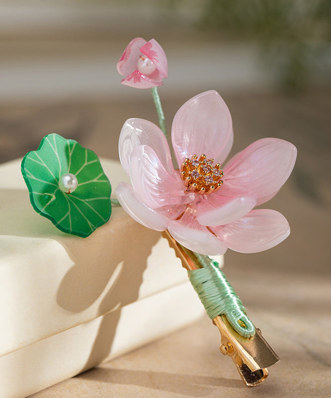 Niedliche rosa Haarnadel mit Lotusquaste aus Legierung, Chiffon, farbiger Glasur, Perle und Legierung.