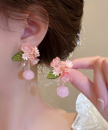 Cute Pink Alloy Colored Glaze Beading Drop Earrings