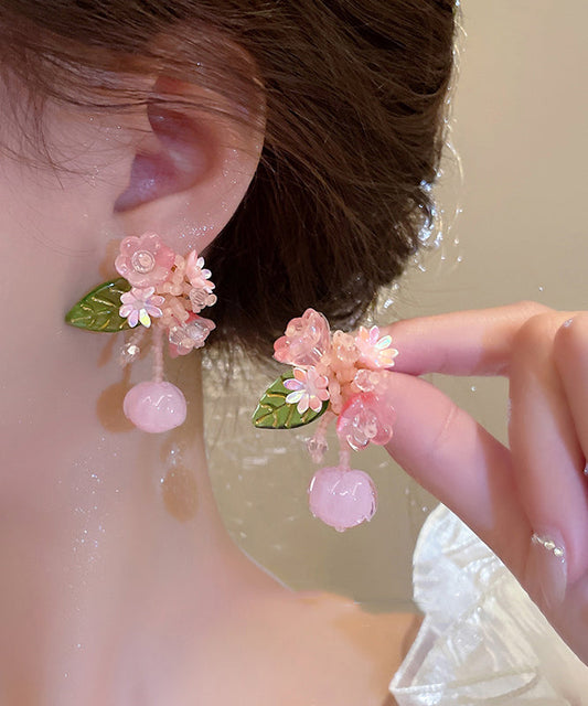 Cute Pink Alloy Colored Glaze Beading Drop Earrings