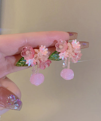 Cute Pink Alloy Colored Glaze Beading Drop Earrings