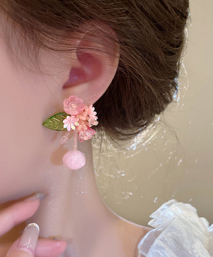 Cute Pink Alloy Colored Glaze Beading Drop Earrings