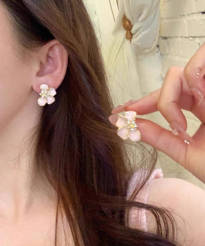 Lindos aretes de botón de aleación floral esmaltada en color rosa