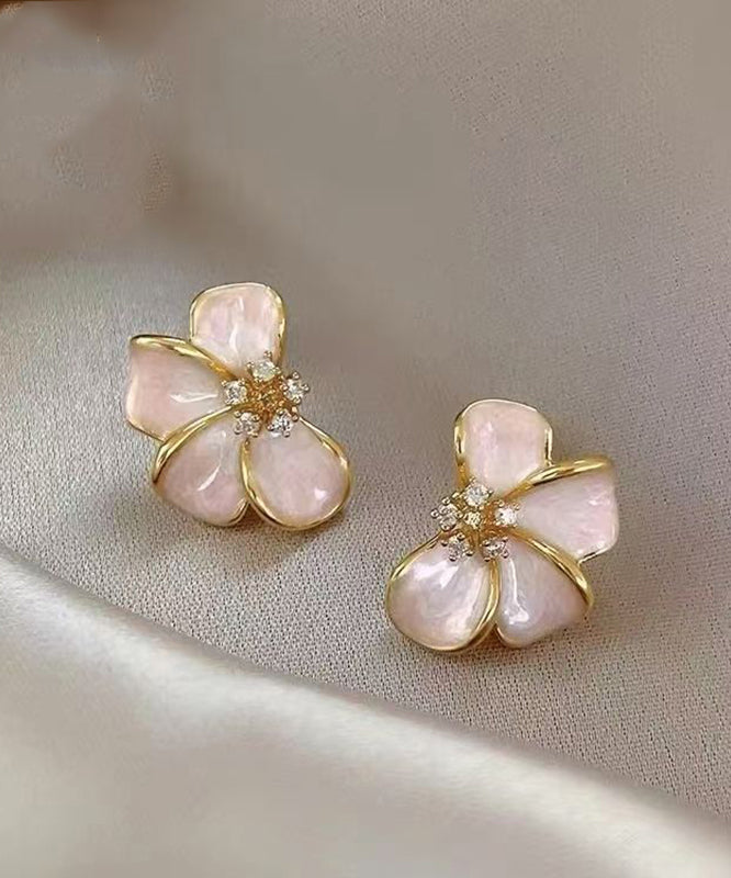 Lindos aretes de botón de aleación floral esmaltada en color rosa