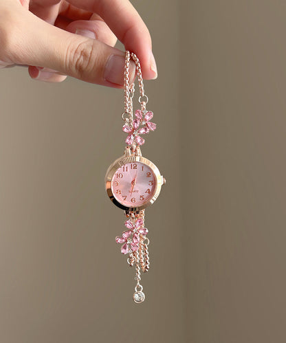 Bonitos relojes con borlas y cadena de circonitas florales de aleación rosa