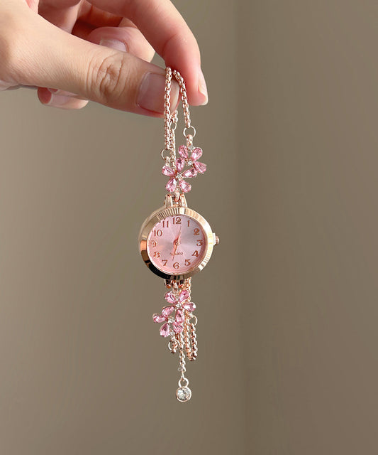 Bonitos relojes con borlas y cadena de circonitas florales de aleación rosa