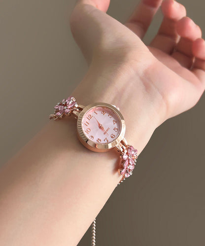 Bonitos relojes con borlas y cadena de circonitas florales de aleación rosa
