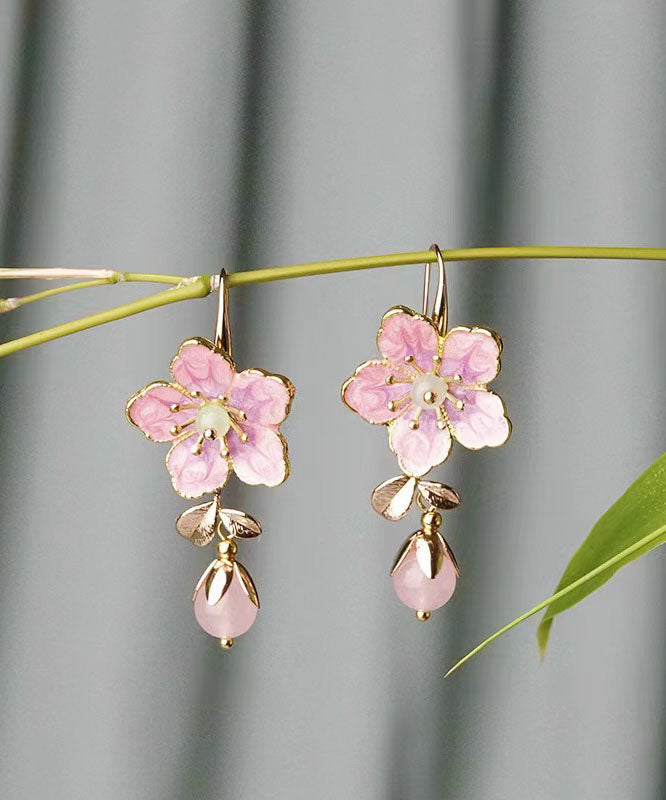 Pendientes colgantes con gemas incrustadas en aleación rosa y diseño floral con gotas de aceite