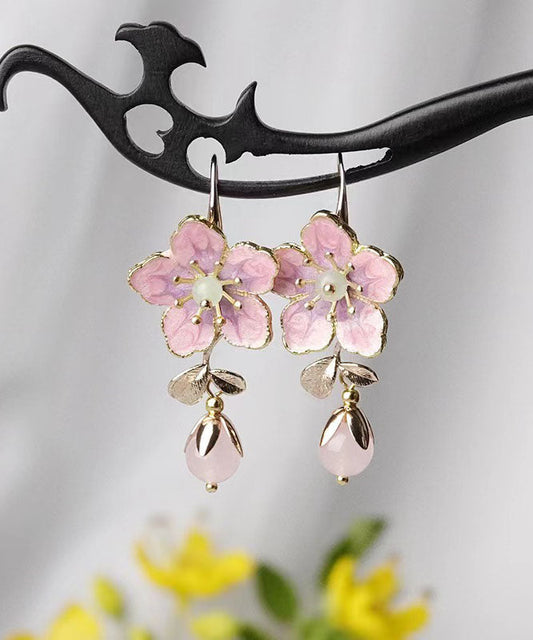 Pendientes colgantes con gemas incrustadas en aleación rosa y diseño floral con gotas de aceite