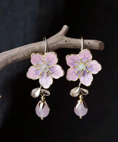 Pendientes colgantes con gemas incrustadas en aleación rosa y diseño floral con gotas de aceite
