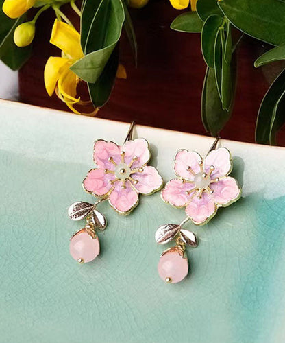 Pendientes colgantes con gemas incrustadas en aleación rosa y diseño floral con gotas de aceite