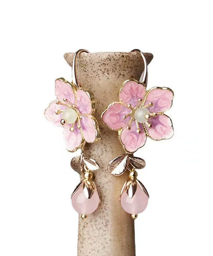 Pendientes colgantes con gemas incrustadas en aleación rosa y diseño floral con gotas de aceite