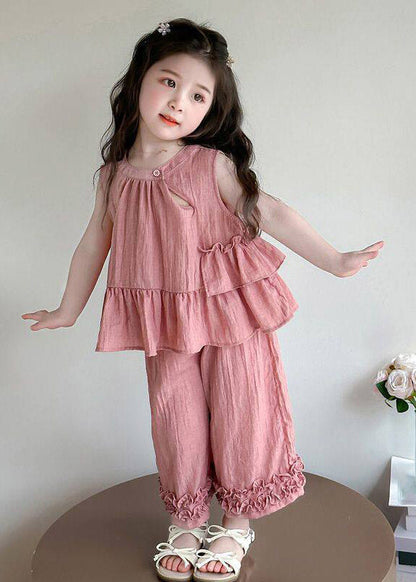 Cute Pink Asymmetrical Hollow Out Girls Top And Wide Leg Pants Two Pieces Set Summer