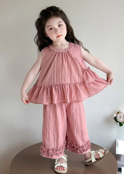 Cute Pink Asymmetrical Hollow Out Girls Top And Wide Leg Pants Two Pieces Set Summer