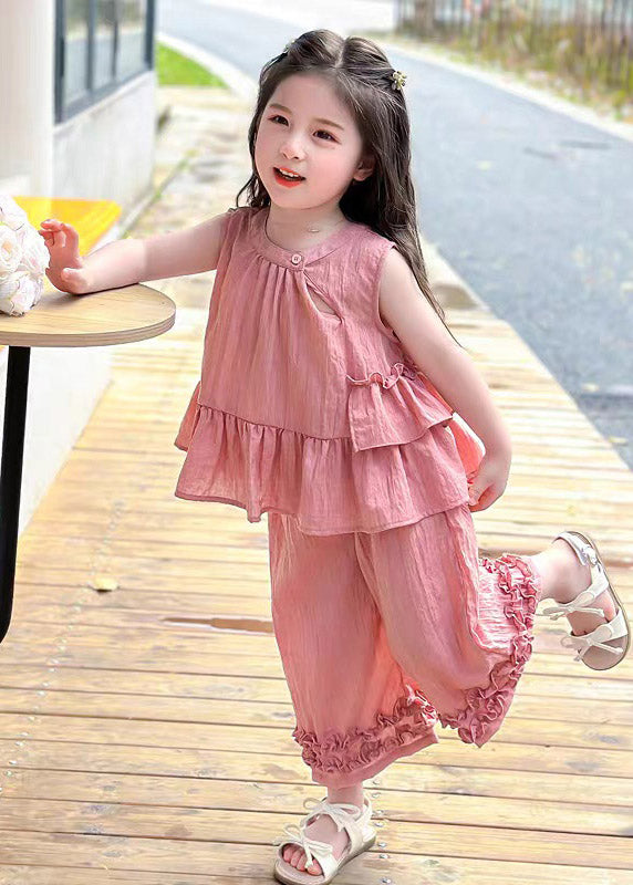 Cute Pink Asymmetrical Hollow Out Girls Top And Wide Leg Pants Two Pieces Set Summer