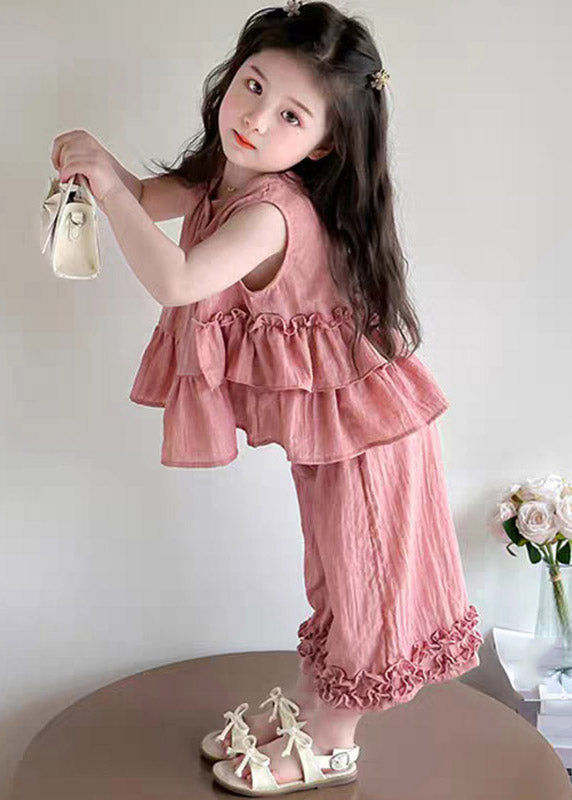 Cute Pink Asymmetrical Hollow Out Girls Top And Wide Leg Pants Two Pieces Set Summer