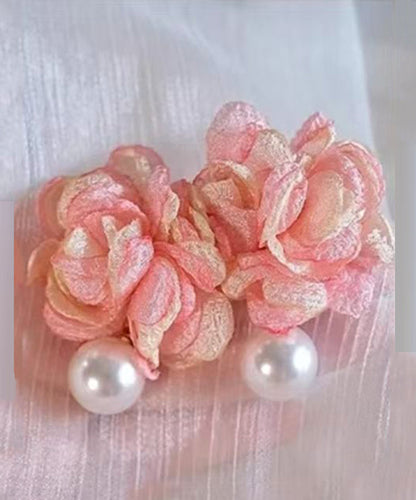 Cute Pink Cloth Pearl Floral Stud Earrings
