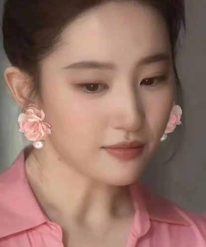 Cute Pink Cloth Pearl Floral Stud Earrings