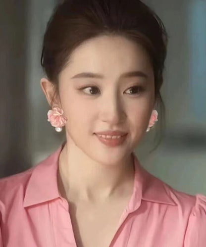 Cute Pink Cloth Pearl Floral Stud Earrings