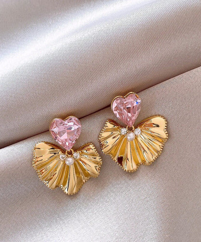 Cute Pink Copper Alloy Zircon Crystal Ginkgo Leaf Love Drop Earrings