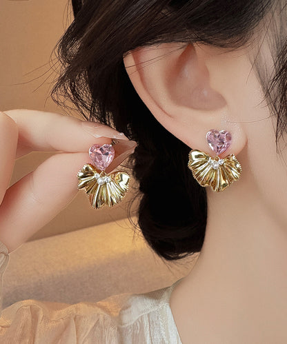 Cute Pink Copper Alloy Zircon Crystal Ginkgo Leaf Love Drop Earrings