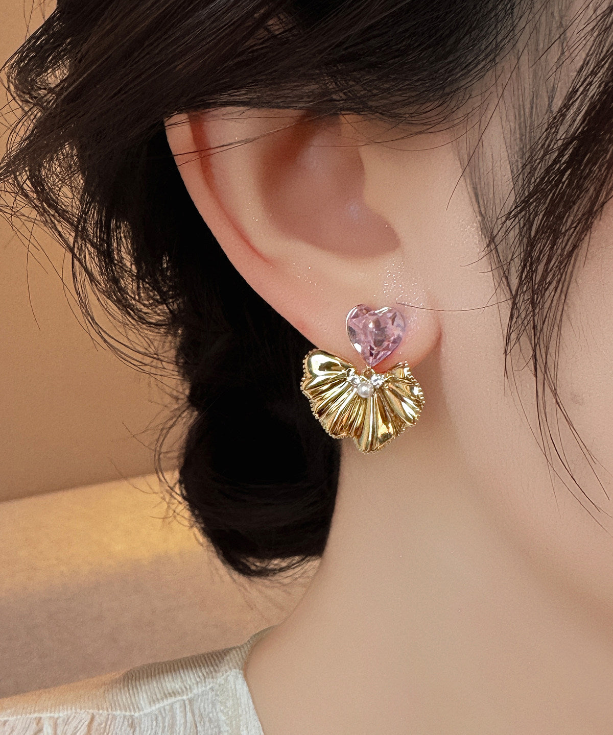 Cute Pink Copper Alloy Zircon Crystal Ginkgo Leaf Love Drop Earrings