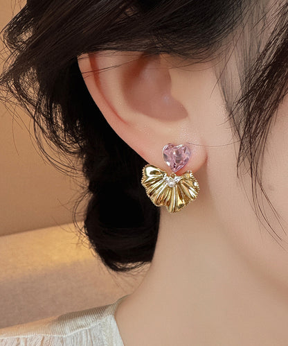Cute Pink Copper Alloy Zircon Crystal Ginkgo Leaf Love Drop Earrings