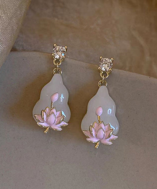 Cute Pink Copper Overgild Zircon Lotus Drop Earrings