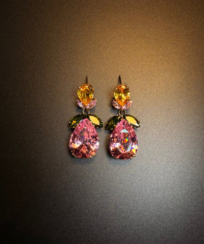 Cute Pink Copper Zircon Floral Water Droplet Drop Earrings