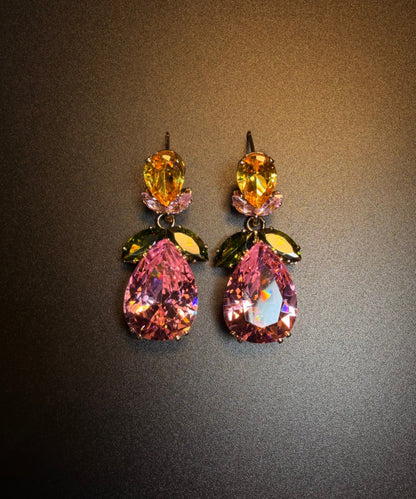 Cute Pink Copper Zircon Floral Water Droplet Drop Earrings