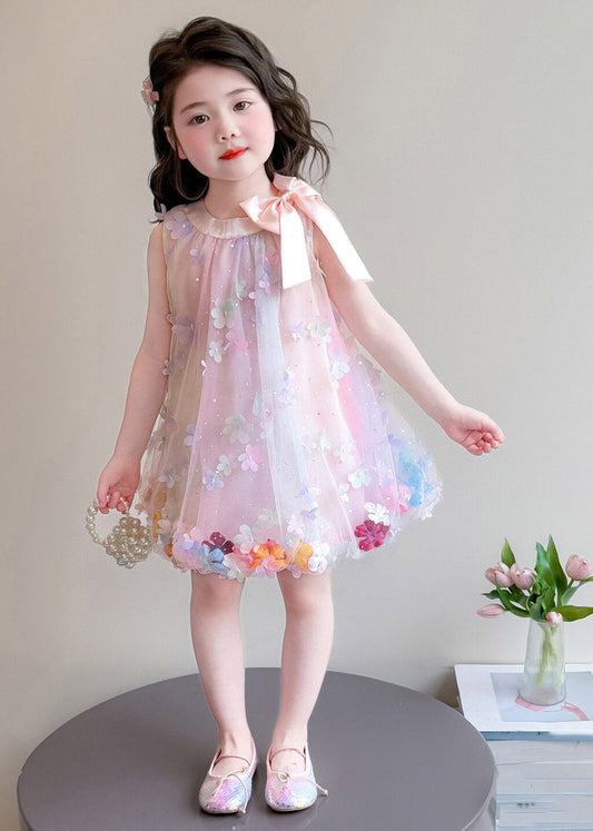 Cute Pink Floral Bow Tulle Girls Maxi Dresses Summer