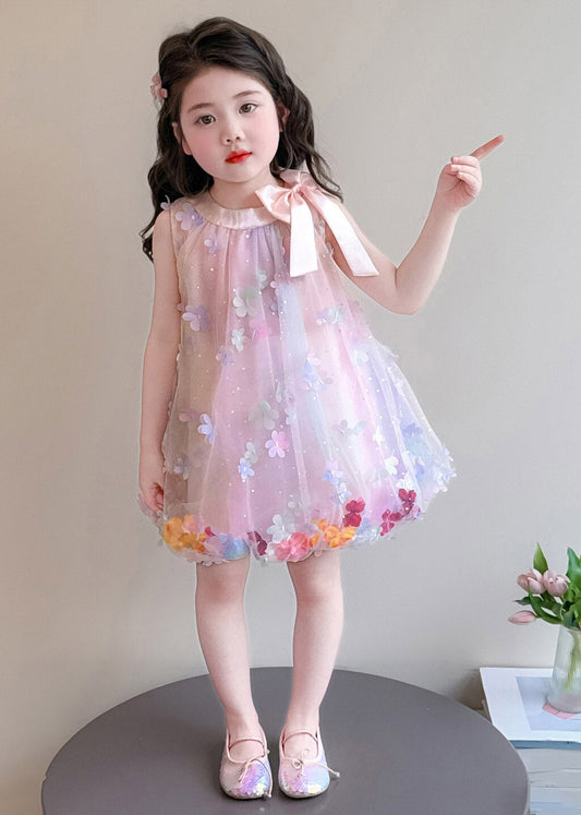 Cute Pink Floral Bow Tulle Girls Maxi Dresses Summer