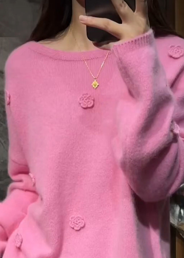 Niedlicher, rosa geblümter, dicker Baumwollstrickpullover mit langen Ärmeln