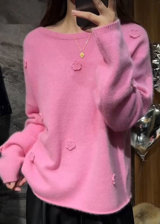 Suéteres de punto grueso de algodón con estampado floral rosa y manga larga