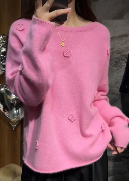 Niedlicher, rosa geblümter, dicker Baumwollstrickpullover mit langen Ärmeln